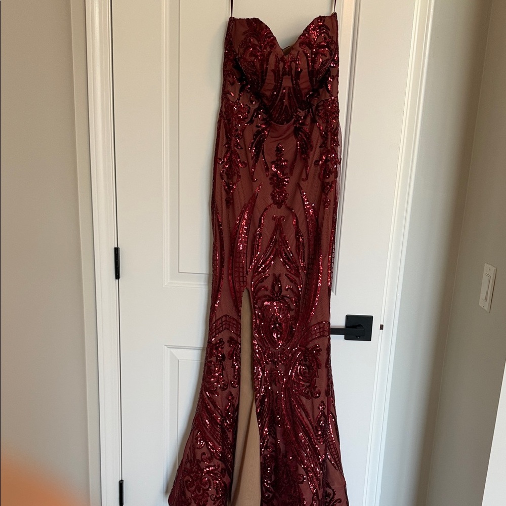 Sequin Embellished Burgundy Strapless Jumpsuit